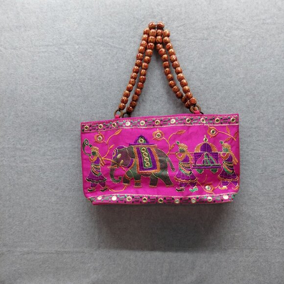 Handcrafted Pink Embroidered Elephant Bead Handle Purse - Picture 1 of 7